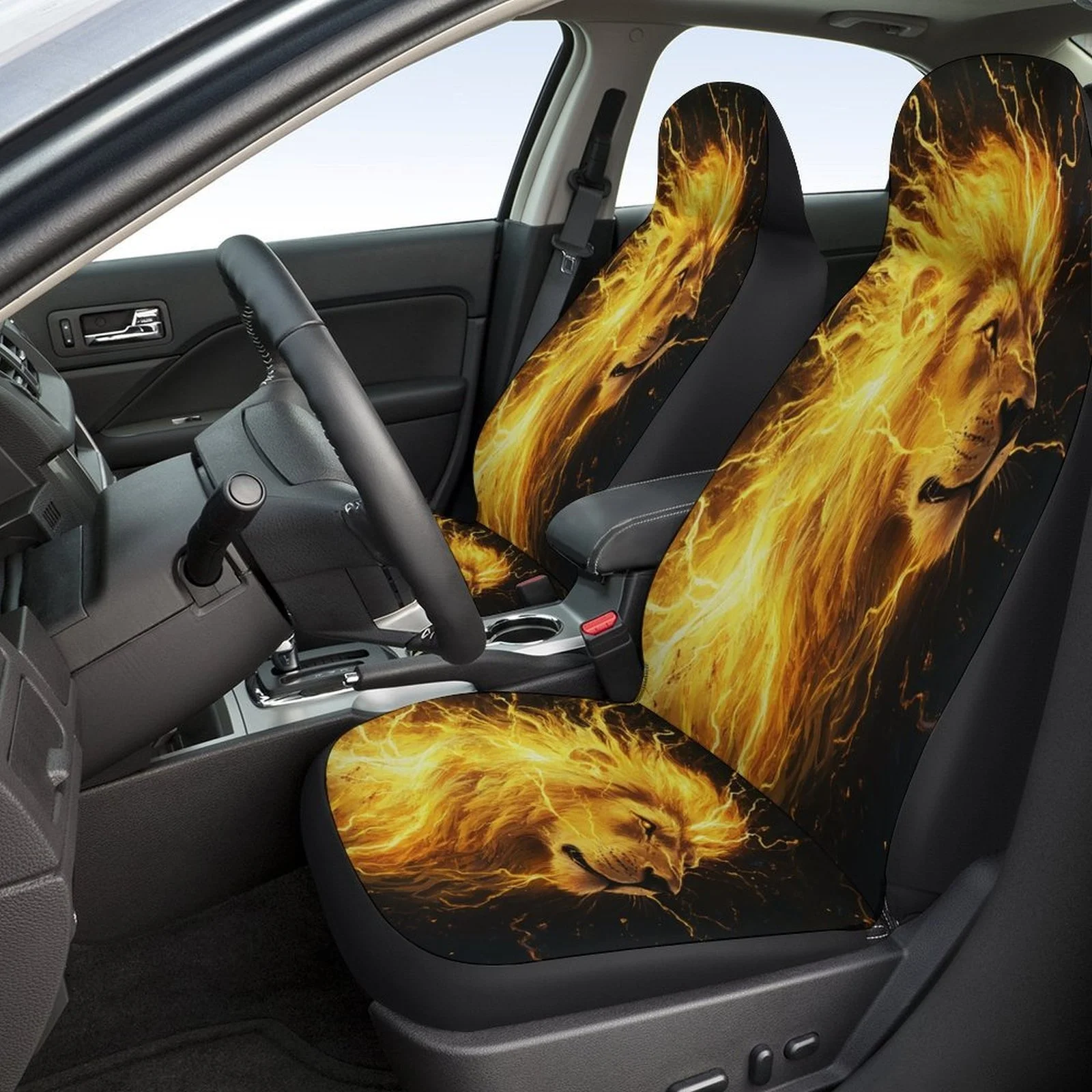 Set Of Car Seat Covers Featuring A Flaming Lion Design, Suitable For A Variety Of Vehicles. This Stylish And Unique Full Set Inc