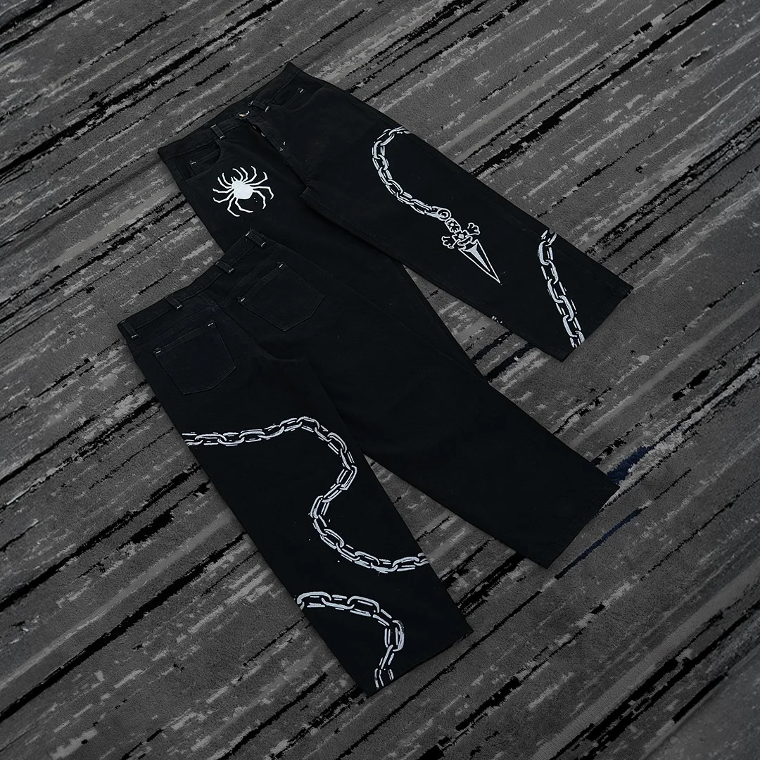 

American Hip Hop Spider Silk Print Black Pants Embroidered Y2k Baggy Jeans Streetwear Men Harajuku Women High Waist Wide Trouser
