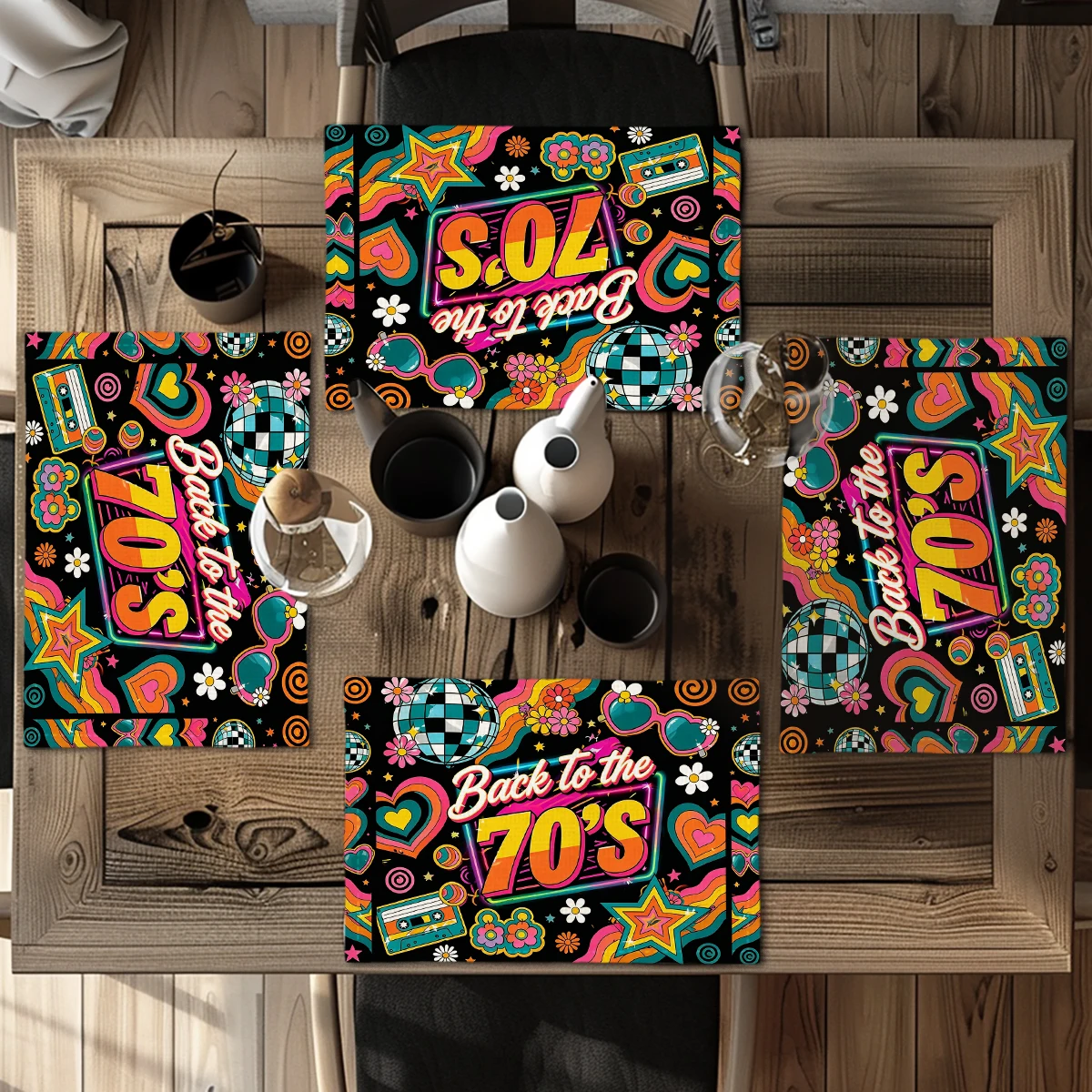 Vintage Sun Moon Cat Pattern Polyester Placemat - Decorative Dining Table Mat, Stylish Tableware Accessory for Daily Home Use