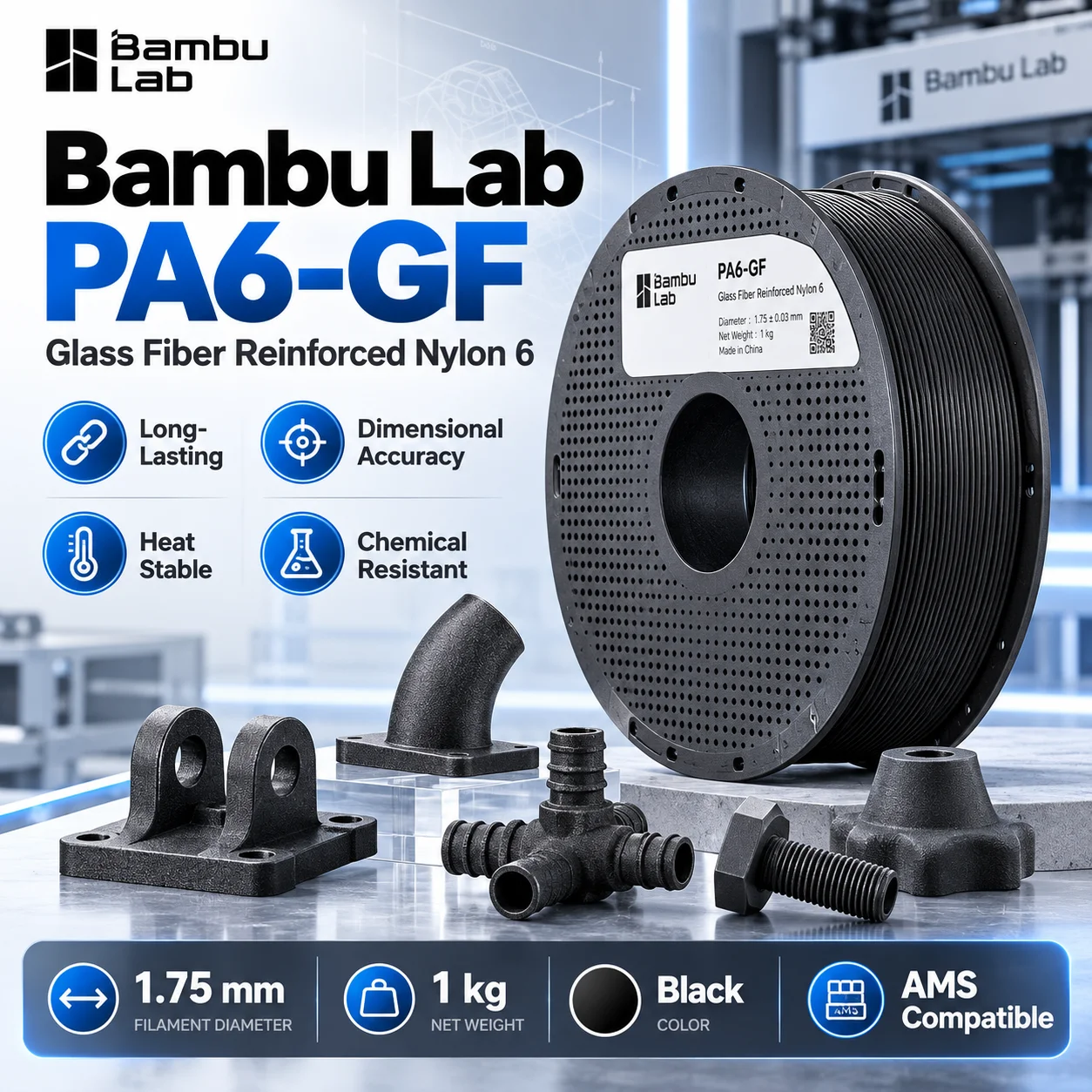 Bambu Lab PA6-GF Nylon 6 Filament 1.75mm 1KG Glass Fiber Reinforced 3D Printer Filament High Strength Heat Resistant