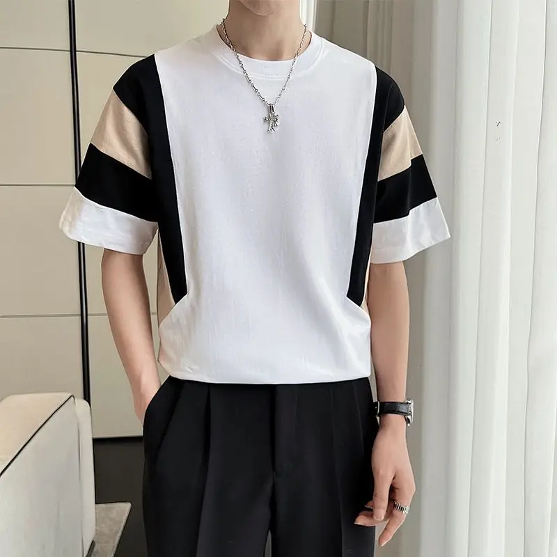 

Summer Fashion Spliced Pullovers Contrasting Colors Men's Clothing Casual O-Neck Basic Short Sleeve Youthful Vitality T-shirts