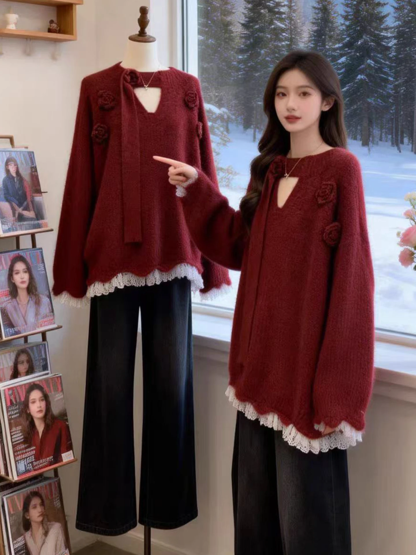 

Красный вязаный свитер с V-образным вырезом для женщин, осенне-зимний, больших размеров, с красивым цветочным 3D-декором, топ с вырезом на шее