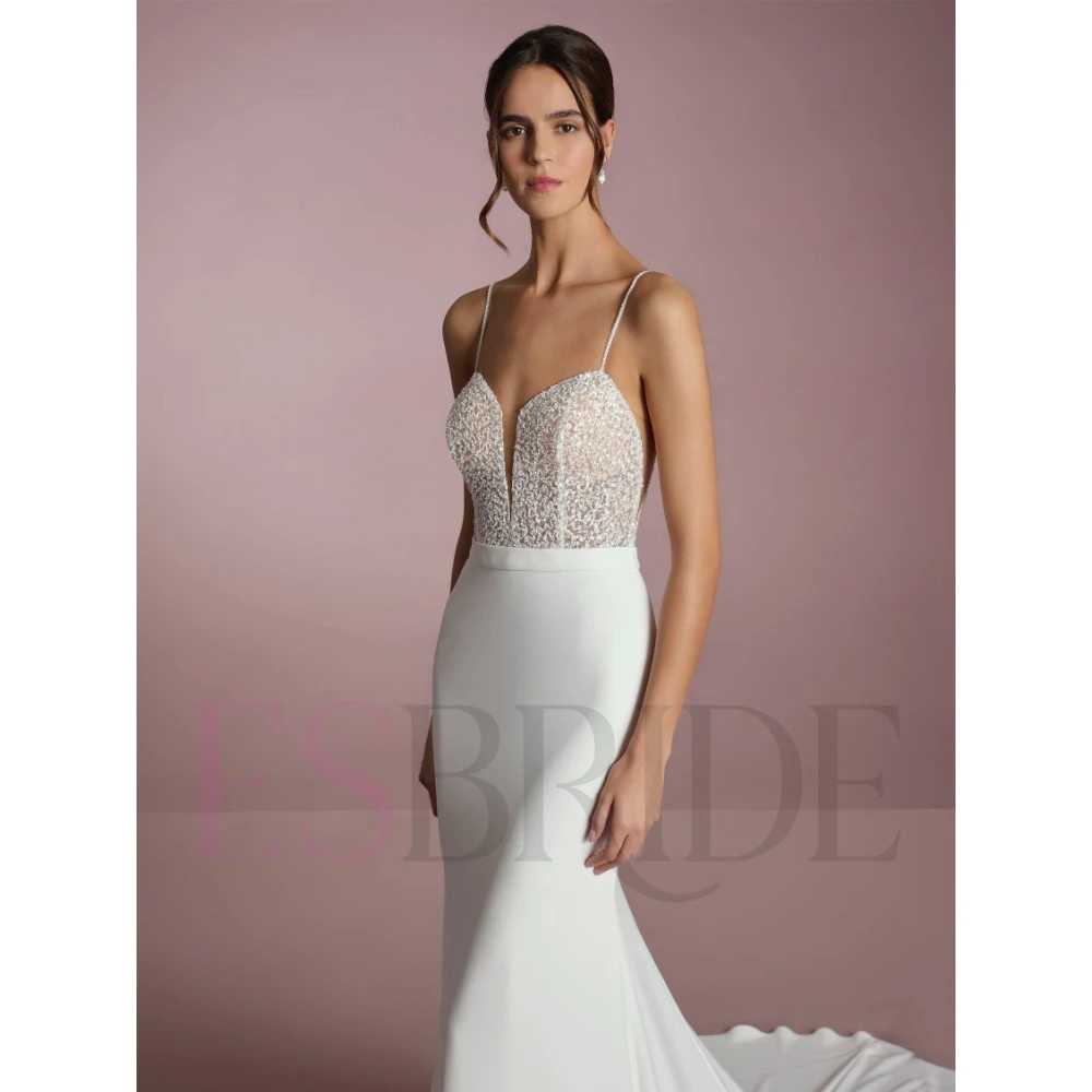 ESBRIDE Abito da sposa Bianco con scollo a cuore senza schienale senza maniche lungo fino al pavimento Abito da sposa Abito a sirena Abito bianco per matrimonio civile