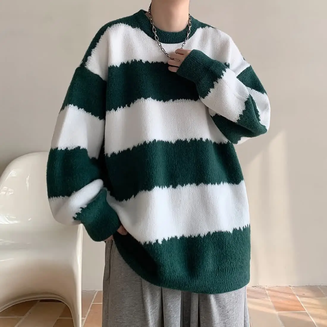 

Winter Korean Striped Round Neck Sweater for Men, Thickened and Warm, Winter New Japanese Style Lazy Inner Sweater Jacket