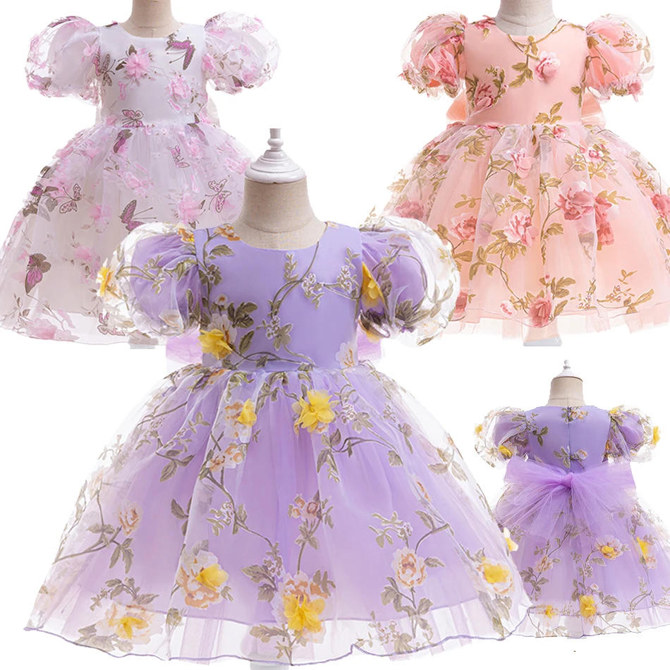 

Girls Baby Stereoscopic Rose Mesh Gown Children Birthday Carnival Charm Party Dress Kids Puff Sleeve Fancy Elegant Costumes