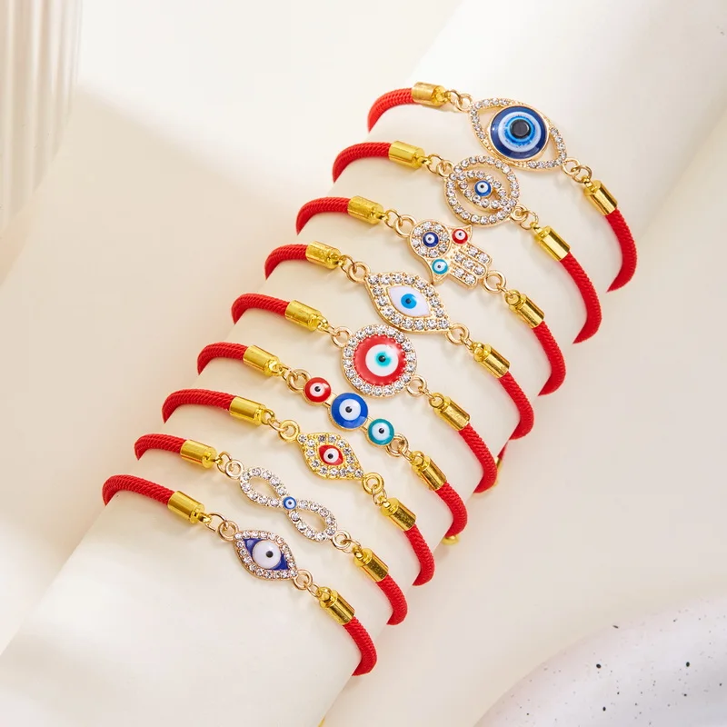 Lucky Evil Eye Braid Bracelet for Women Men\'s Fashion Rhinestone Black Red Woven Rope Chain Adjustable Jewelry Friendship Gift