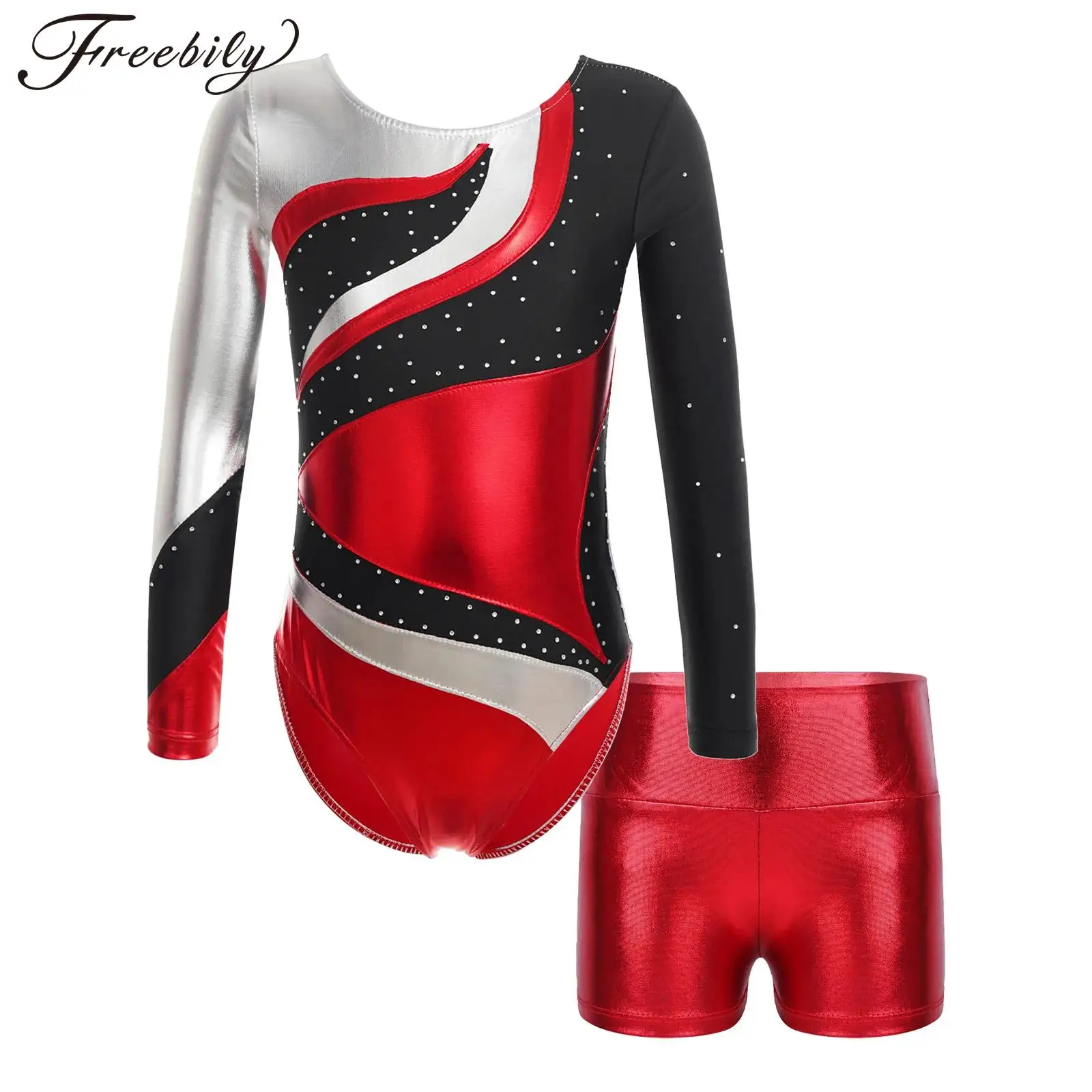 

Kids Girls Gymnastics Leotard with Shorts Long Sleeve Skating Gymnastics Jumpsuit Children Ballet Dance Outfits Dancewear Sets