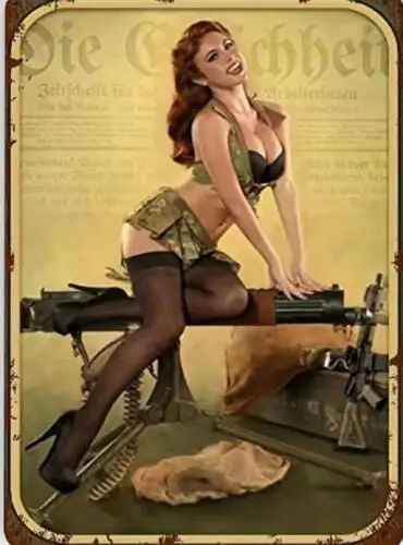 MILITARY METAL TIN SIGN SEXY PIN UP GIRL  WITH MACHINE GUN & GUNS- GERMAN SIGN sign