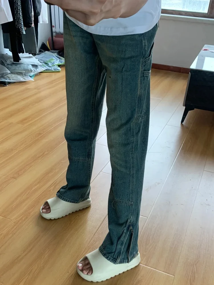 

American High Street Vibe Men's Jeans High Waist Slimming Zipper Cuffed Retro Straight Leg Micro Flared Patchwork Workwear Denim