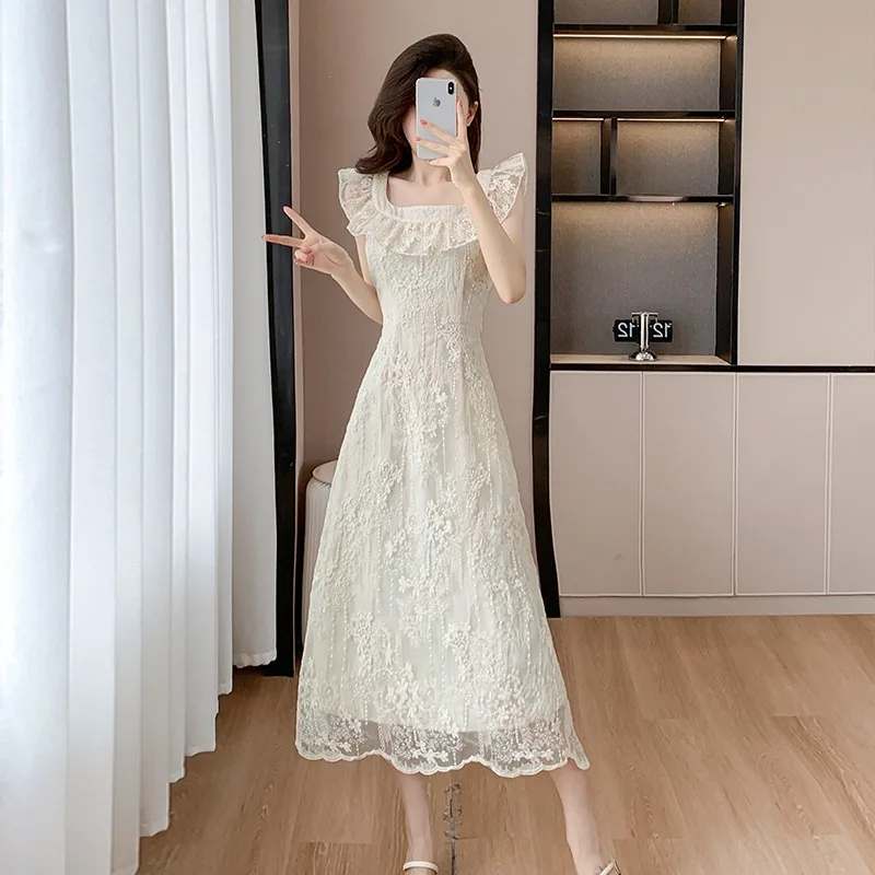 

New French Lace Embroidery Summer Dress Women Fashion Ruffle Square Collar Lace Up Slim Waist A-line Elegant Dresses Vestidos