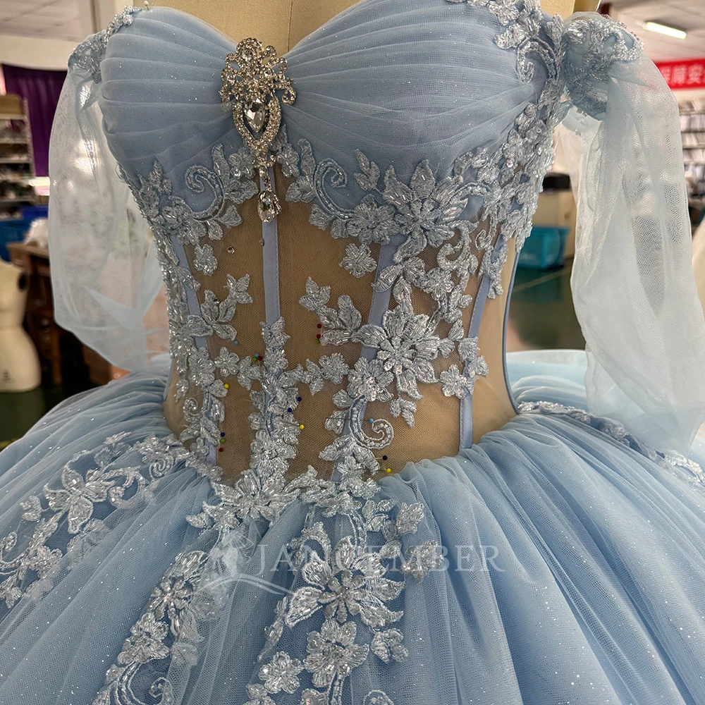 블루 프린세스 볼 가운 킨세아녜라 드레스 반짝이는 스쿱 레이스 생일 파티 맞춤형 우아한 파티 드레스