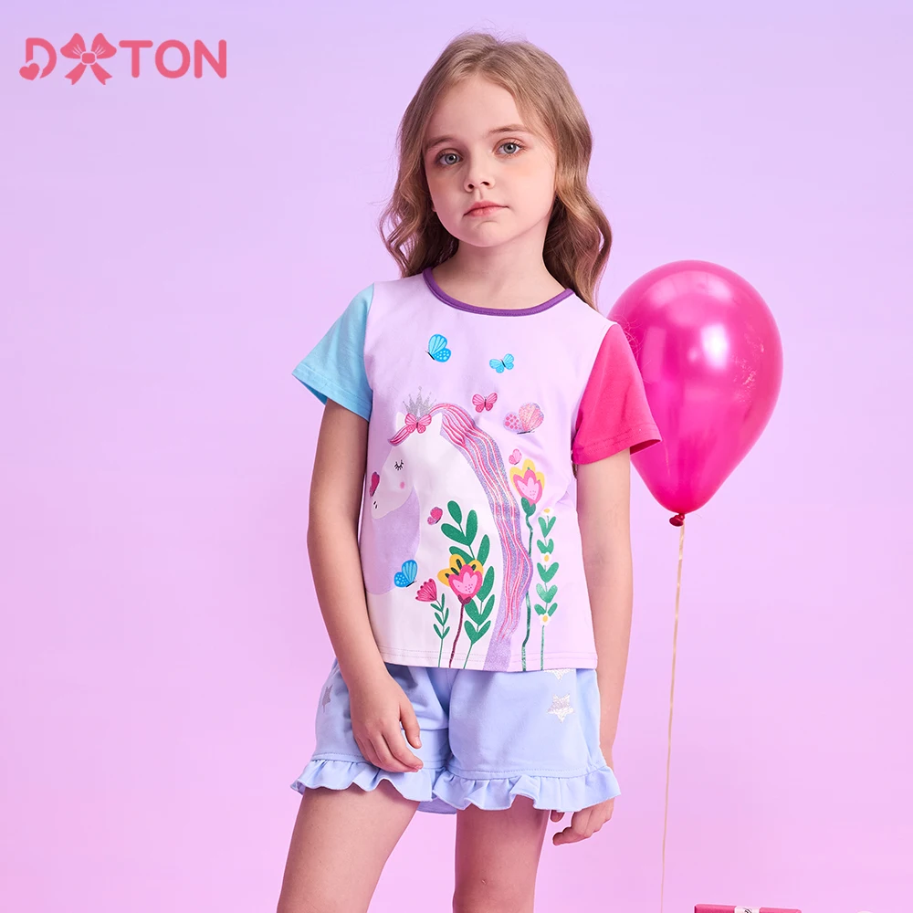 

DXTON Toddler Girls Tees Summer Kids T-shirts Color matching Short Sleeve Cotton Girls Tops Unicorn Floral Girls Casual Costume