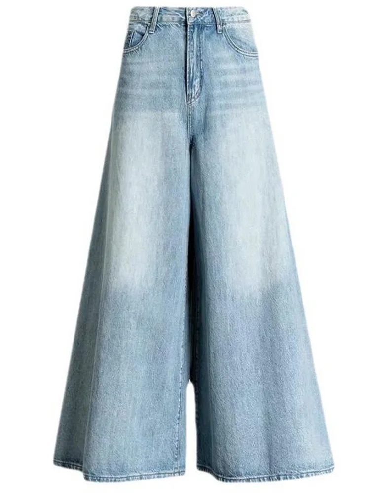 Jean Culottes High Waist Wide Leg Pants For Women Big Hem Culottes Washed Denim Pants Women's Baggy Jeans