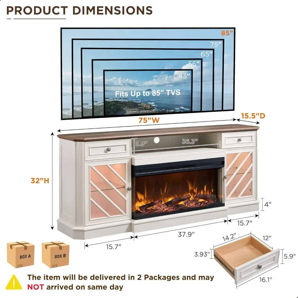 Electric Fireplace TV Stand for ,Modern Highboy Entertainment ,Widen Drawers and Glass Door Storage Cabinet