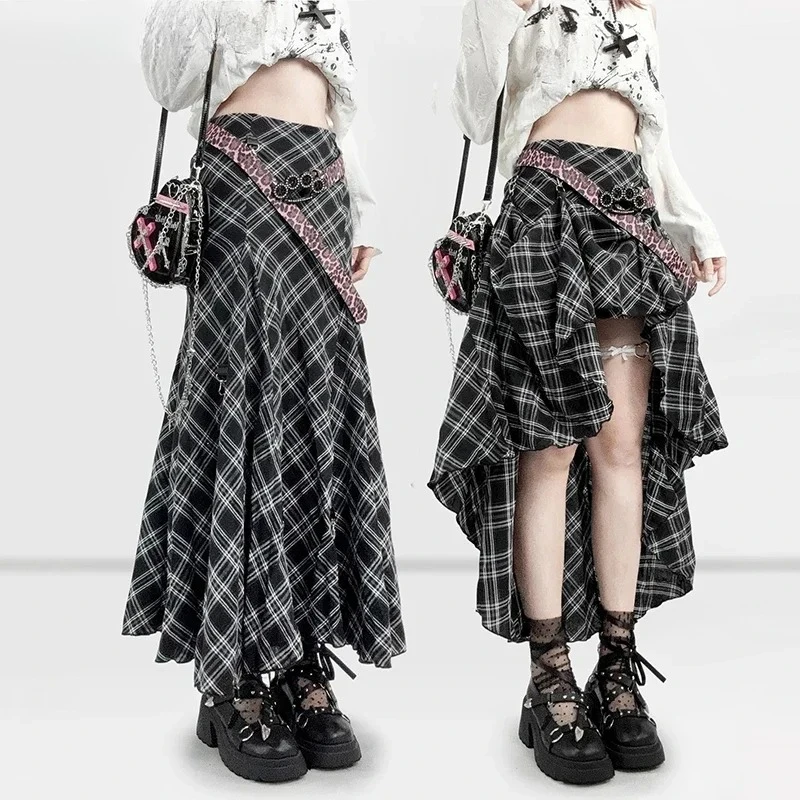 IMU Vintage Plaid Bustle Skirt Women Grunge Hi-Lo Training Low Waist Multi-way Pirate Skirt Vintage Alternative Clothes