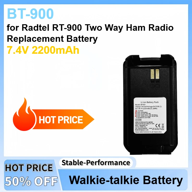

New 7.4V 2200mAh BT-900 Walkie Talkie Li-ion Battery Pack Type-c for Radtel RT-900 Two Way Ham Radio Replacement Battery