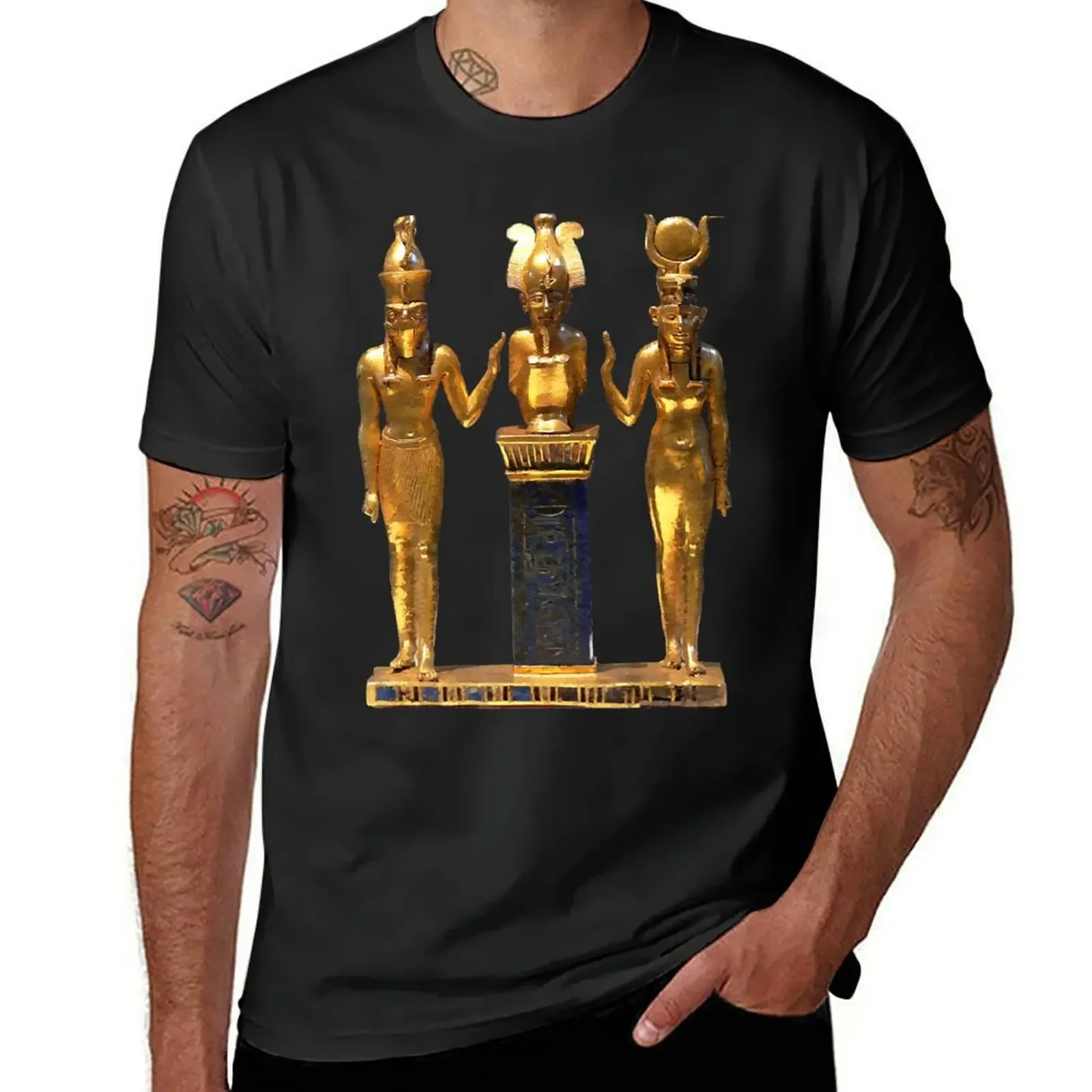 Egyptian Trinity Golden Horus Osiris and Isis Statue T-Shirt vintage oversizeds heavyweight t shirts for men