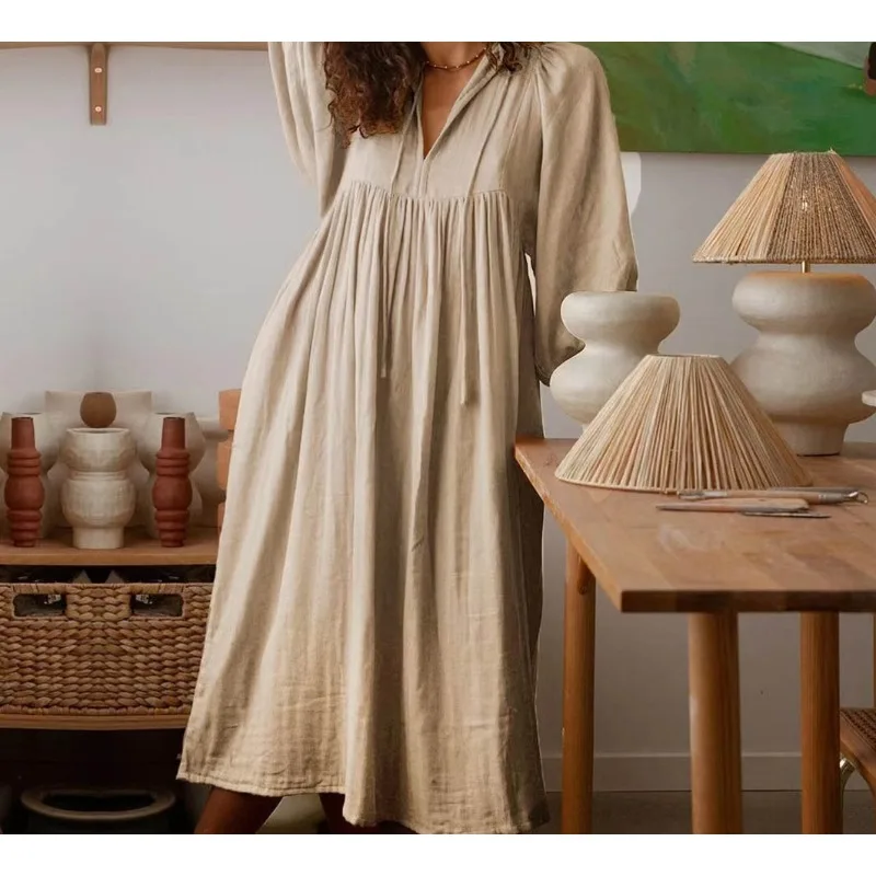 

Весенне-летнее свободное длинное платье 2026 года с рукавами-фонариками, повседневное, в стиле ретро, однотонное