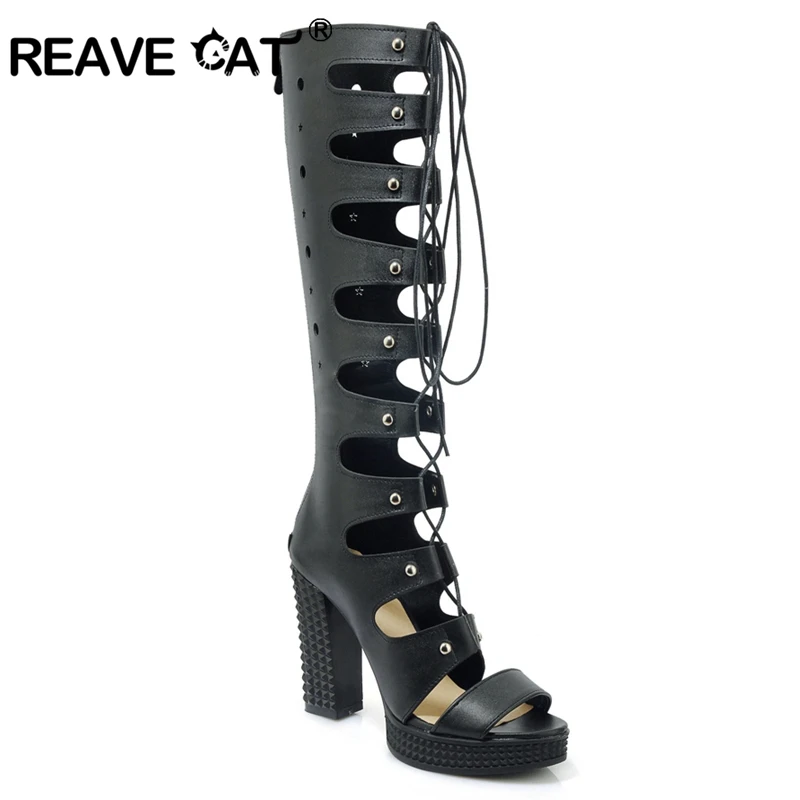 REAVE CAT Women\'s summer boots Ladies platform High heel Gladiator cross tied Peep toe Big size Black White A700