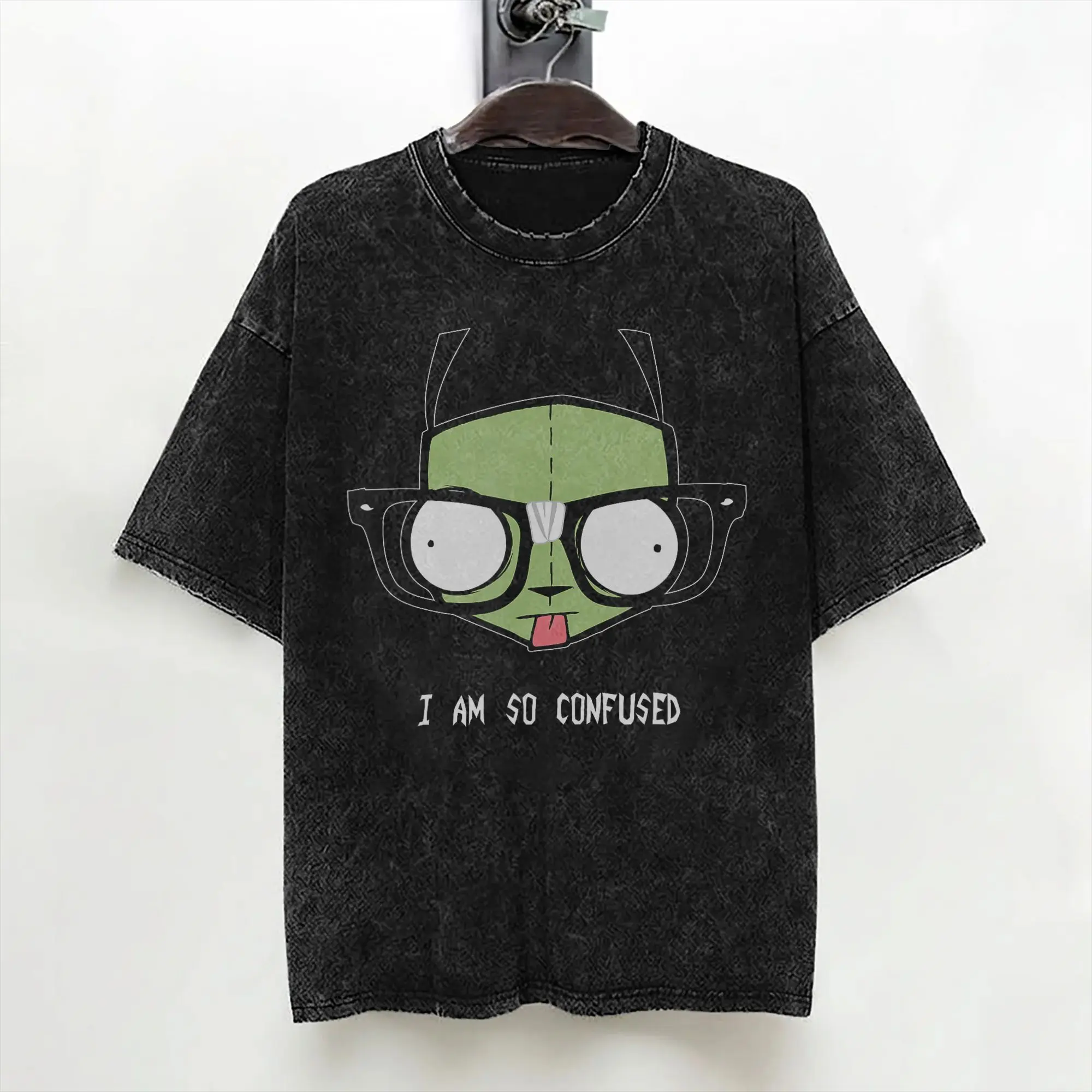 Invaders Zim Gir I Am So Confused Washed T Shirt Streetwear Retro T-Shirt  Tee Shirt Men Women Cotton Oversize Printed