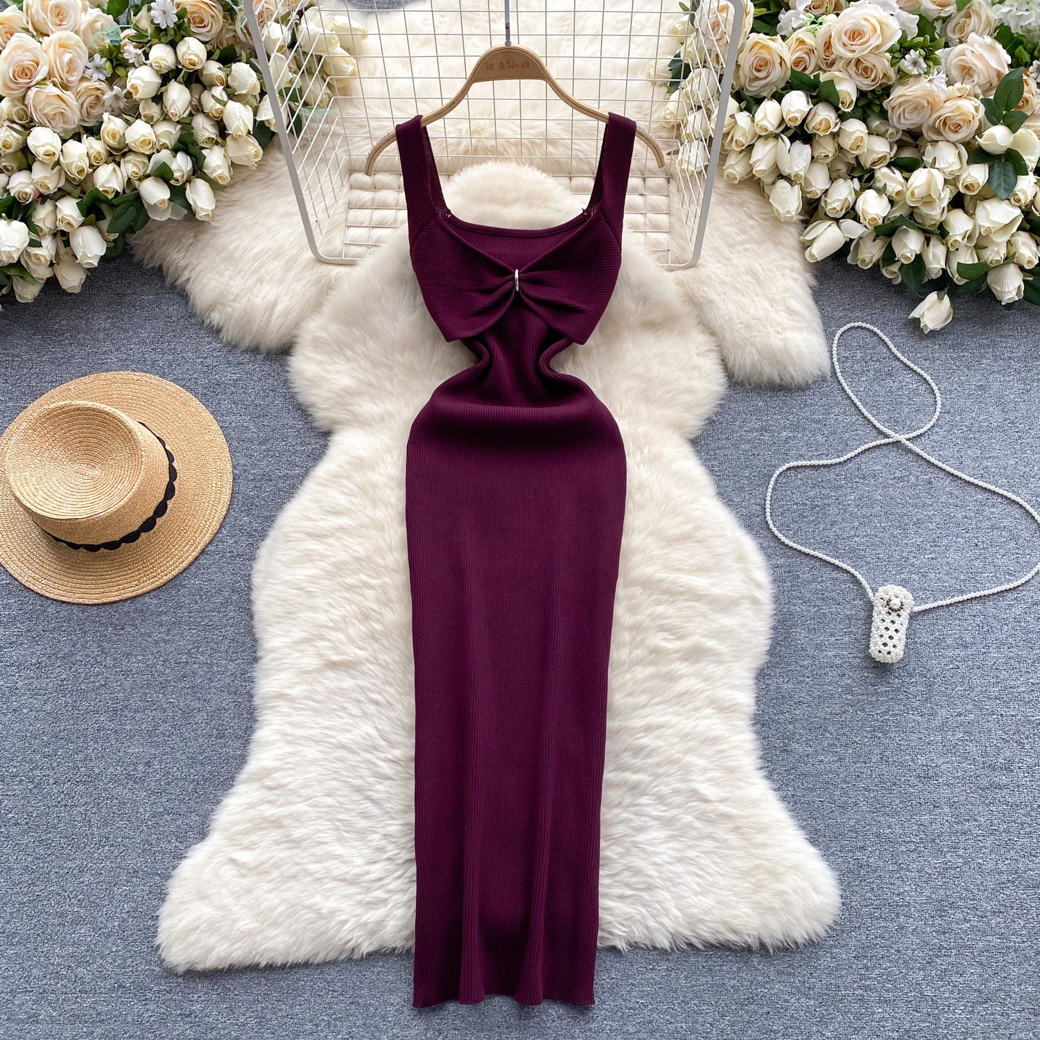 Vestido bodycon plissado de malha feminino, moda chique, quadris sexy, elástico, fino, streetwear longo, roupas de verão, 2024