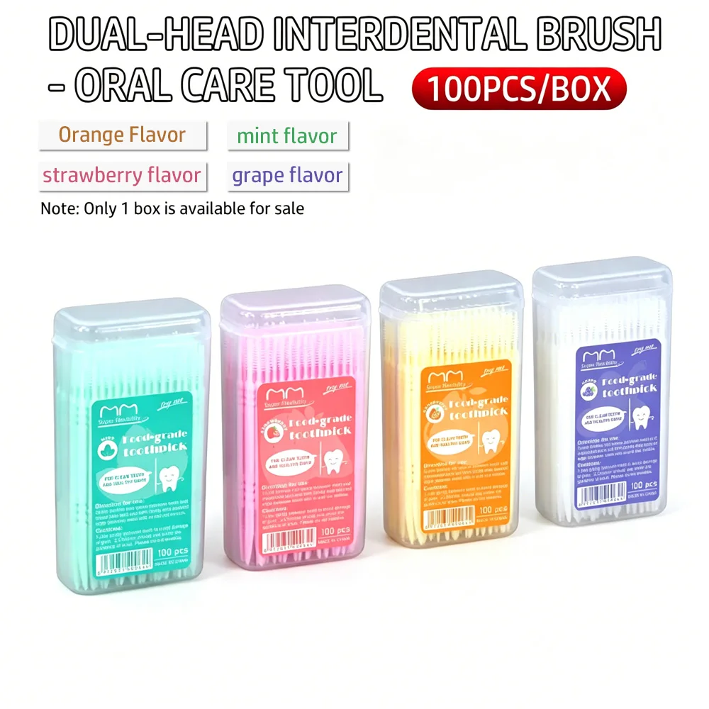100PCS/Box Dual-Head Interdental Brush Toothpick 4 Flavors Food-Grade Plastic Oral Cleaning Tool for Daily Dental Care