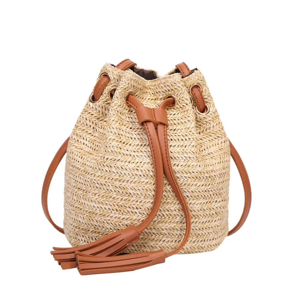 Women Fashion Solid Color High Capacity Vintage Weave Tassels Shoulder Bucket Bag