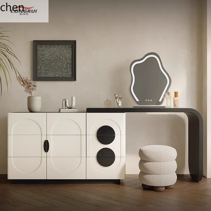 HXL High-End Black and White Solid Wood Makeup Cabinet Luxury High-End Dressing Table and Chest of Drawers Combo