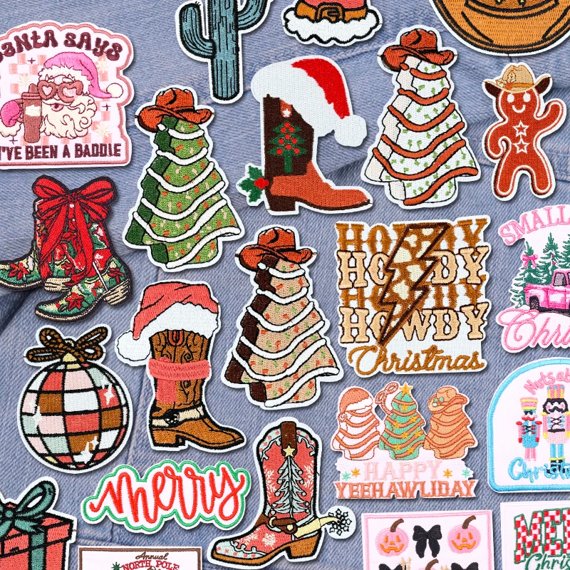 Western Cowboy Santa Claus Boots Embroidered Patches For Clothing Cartoon Christmas Iron On Patches On Clothes Sew Stickers