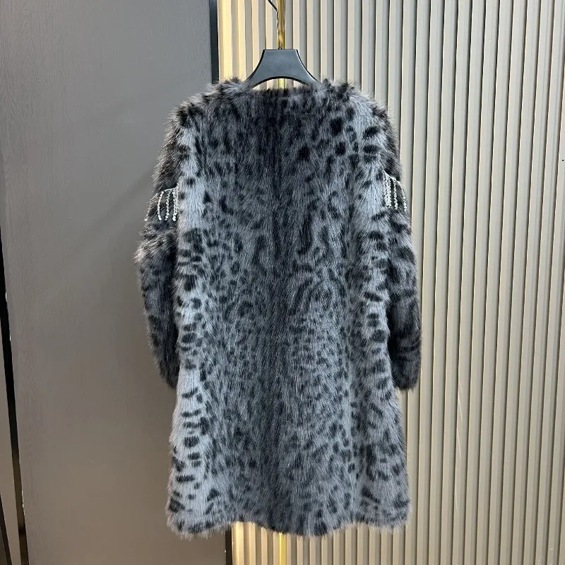 Faux Fur Leopard Print Coat 2025 Winter New Women's Long Fashion Tassel Elegant Slimming Shearling One-Piece Furry Jacket Female