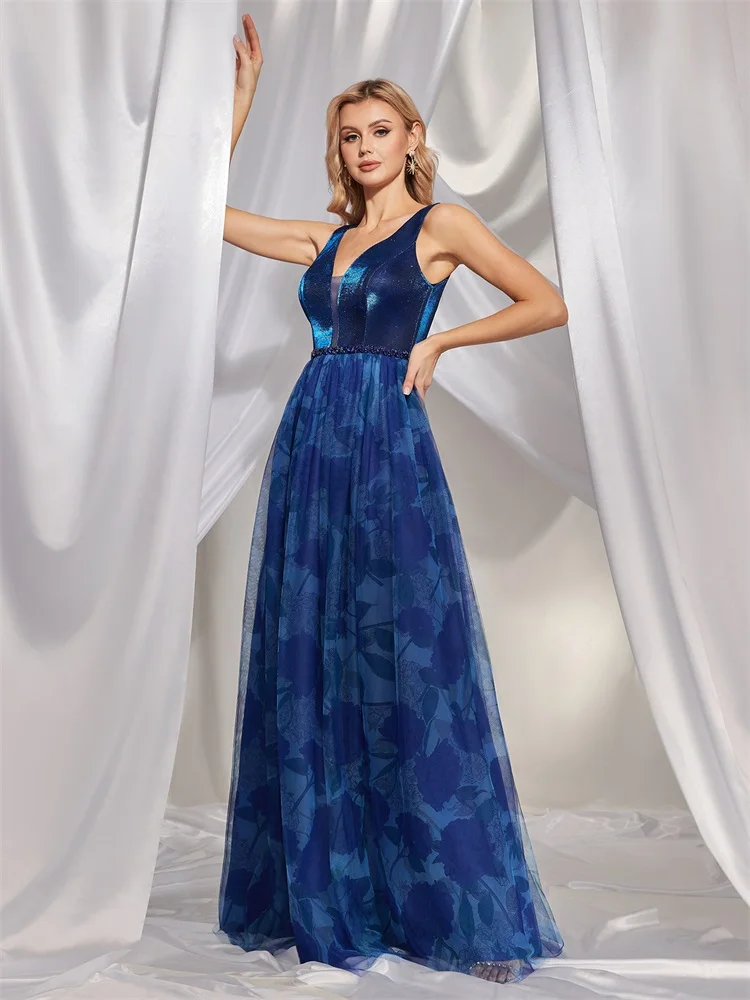 Lucyinlove Luxury Sexy Deep V-Neck Sleeveless Blue Evening Dress 2024 Women Elegant Wedding Party Long Prom Cocktail Dresses