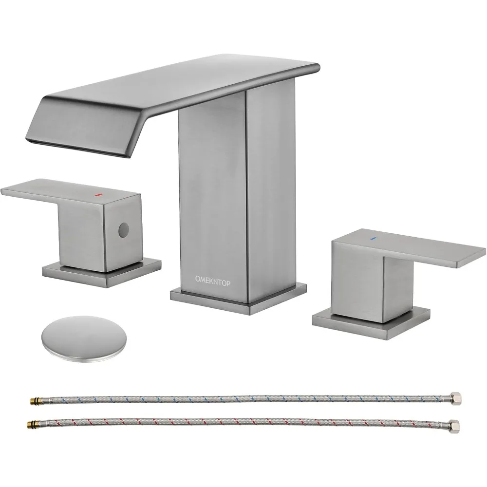 

Brushed Nickel 3-Hole 8-Inch Waterfall Faucet, 2-Handle Bathroom Vanity Mixer with Overflow Pop-Up Drain & cUPC Hose