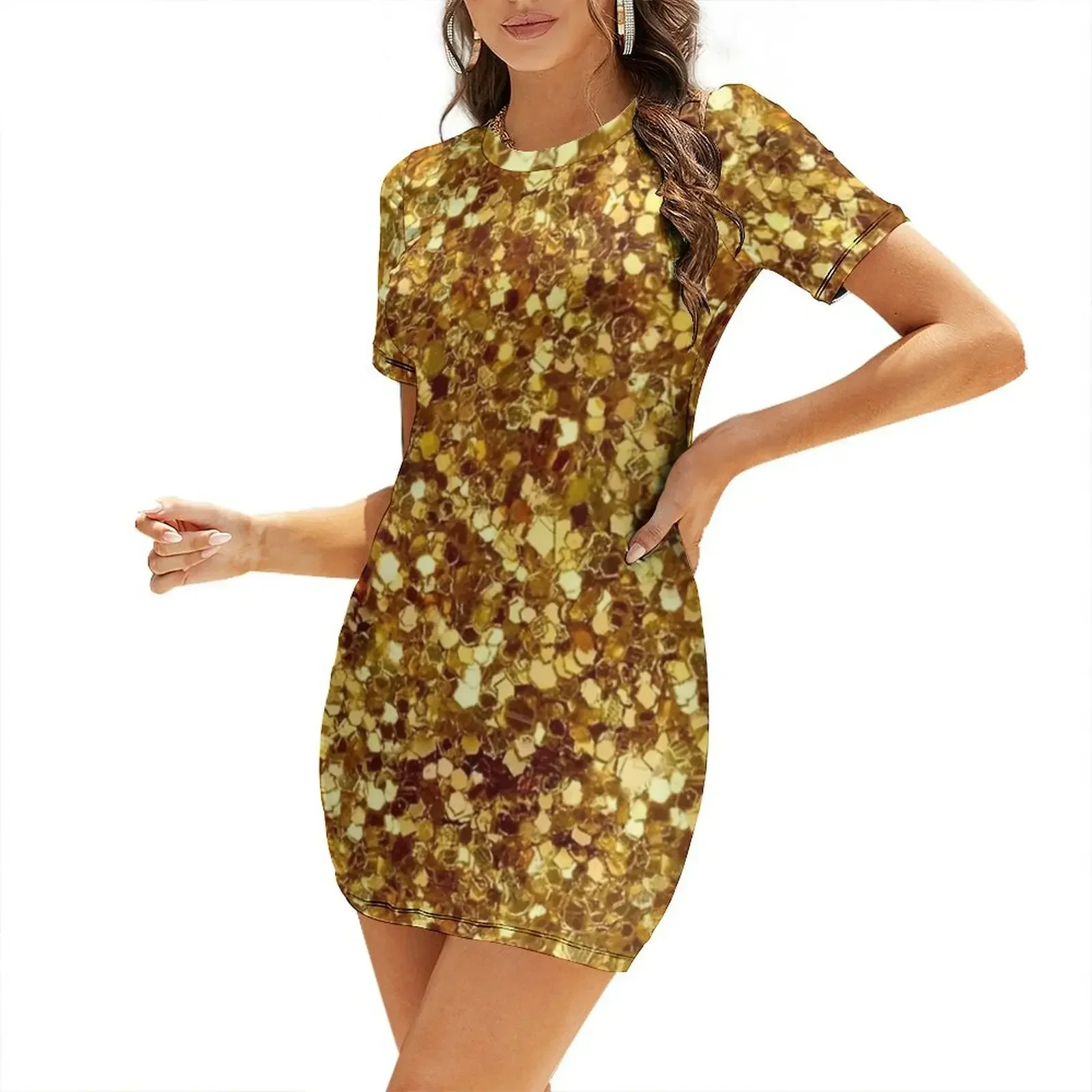 Vestido de manga corta a cuadros con purpurina dorada, estilo bola de discoteca, fiebre disco, baile boogie, fiesta disco de los 70.