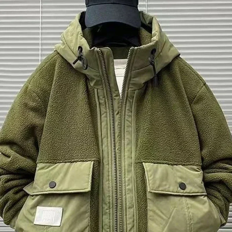 New Winter Men's Jacket Japan Style Cargo Spliced Lamb Wool Thick Parkas Workwear Large Pocket Padded Coat Oversized Hooded Top