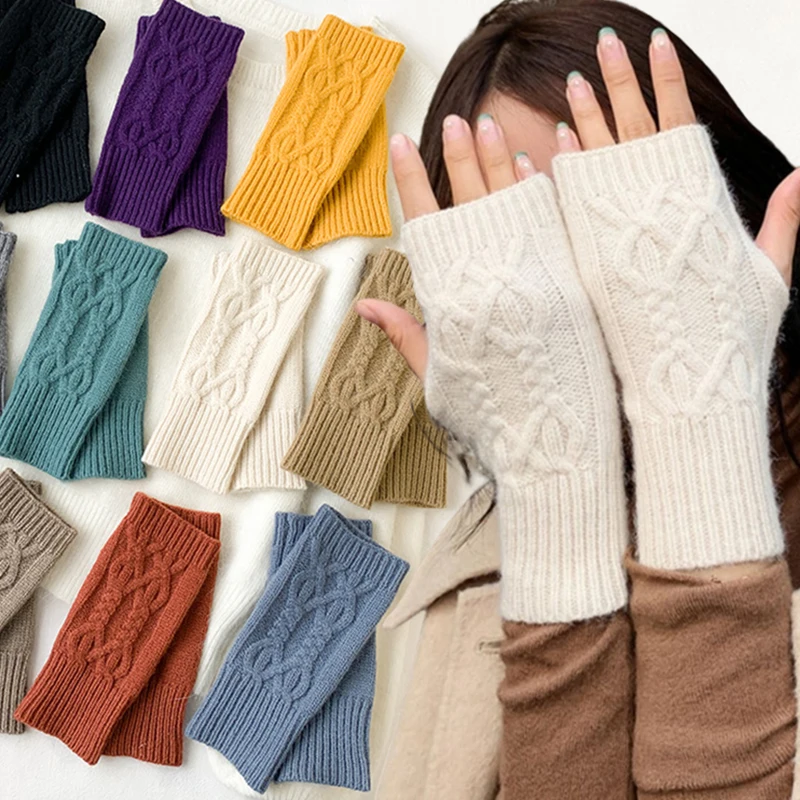 

Korean Half-finger Gloves Female Autumn and Winter Wool Warmth Fingerless Students Touchscreen Thick Knitted Wristband Mittens