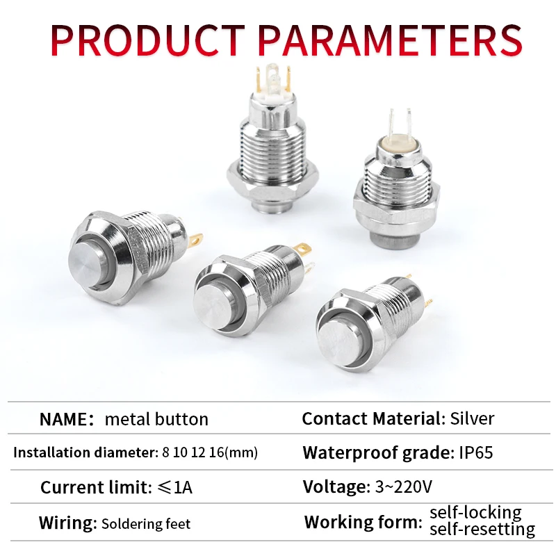 1NO High head Waterproof Metal Push Button Switch LED Light Self-locking/reset 3/6/12/24/220V 8/10 12 16mm Nickel Plated Brass