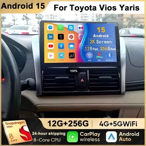 For Toyota Yaris Vios 2014 2015 2016 Android 15 Car Radio Stereo Unit Multimedia Player GPS Navigation BT Carplay Android Auto