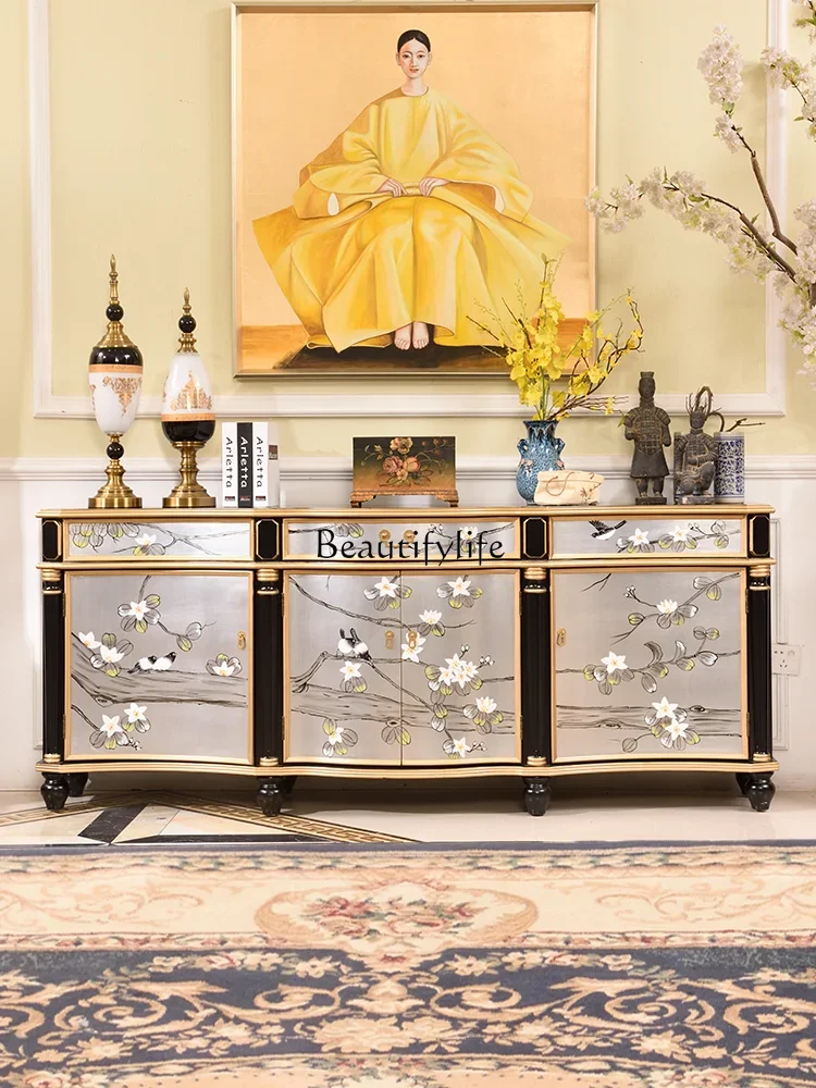 

pg45European Style Villa Large Apartment Solid Wood Restaurant Side Cabinet New Chinese Style Storage Curio Cabinet