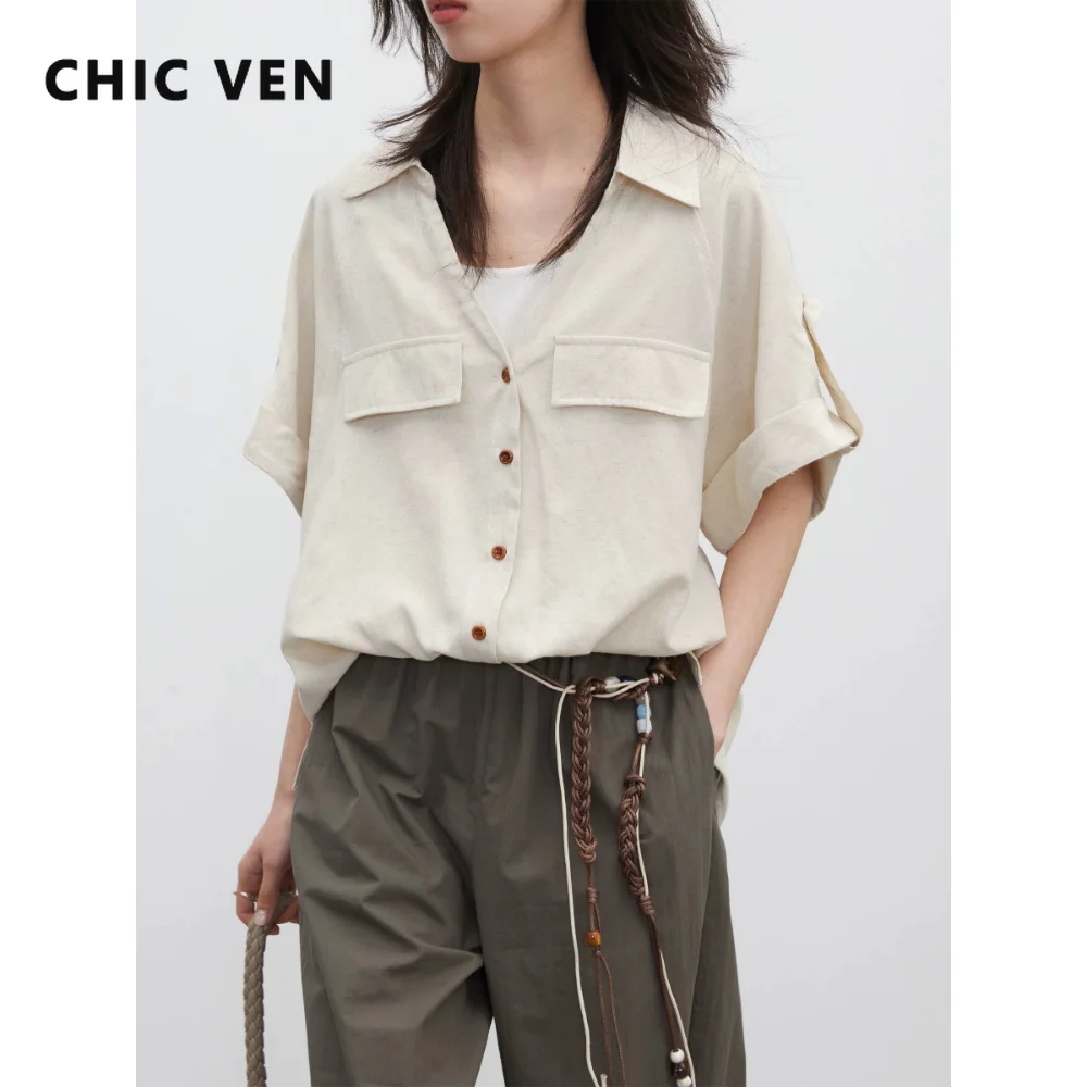

CHICVEN Fashion Women Shirt Loose Casual Fake Two-piece Design Short Sleeved Blouses Female Top Pullover Spring Summer 2026