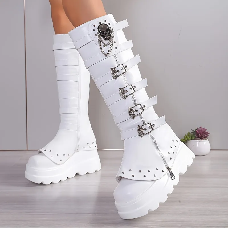 

New Round Toe Foreign Style Thick Sole Rivet Buckle Zip Wedge Heel High Boots for Autumn and Winter