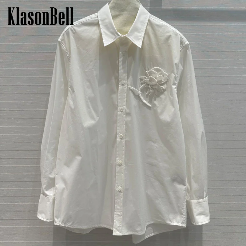 

7.13 KlasonBell Women Hand Three-dimensional Flowers Decoration Lapel Shirt Single Breasted Loose Mid-Length Cotton Blouse