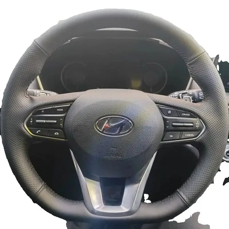 

For Hyundai Santa Fe 2019-2023 Hand Stitched non-slip Genuine Leather Sports style Car Steering Wheel Cover