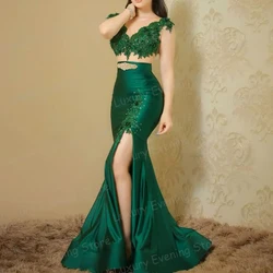 Luxury Appliques Evening Dresses Mermaid Women's Sexy V Neck Sleeveless Satin Split Prom Gowns Customized Vestidos De Fiesta