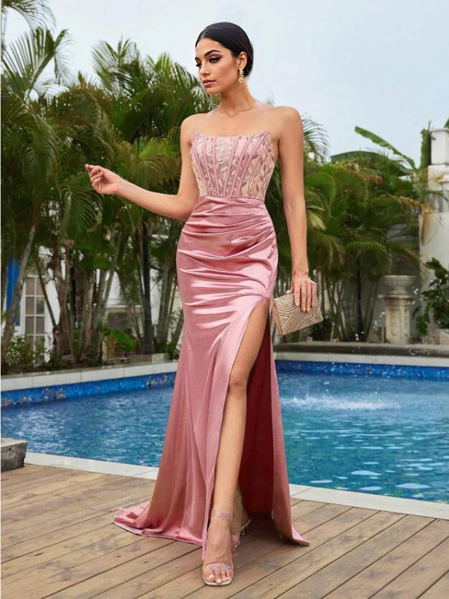 Strapless Satin Evening Dress Backless Lace Up Sleeveless Pleated Slit Cocktail Party Dresses  Elegant Prom Gown Summer 2024