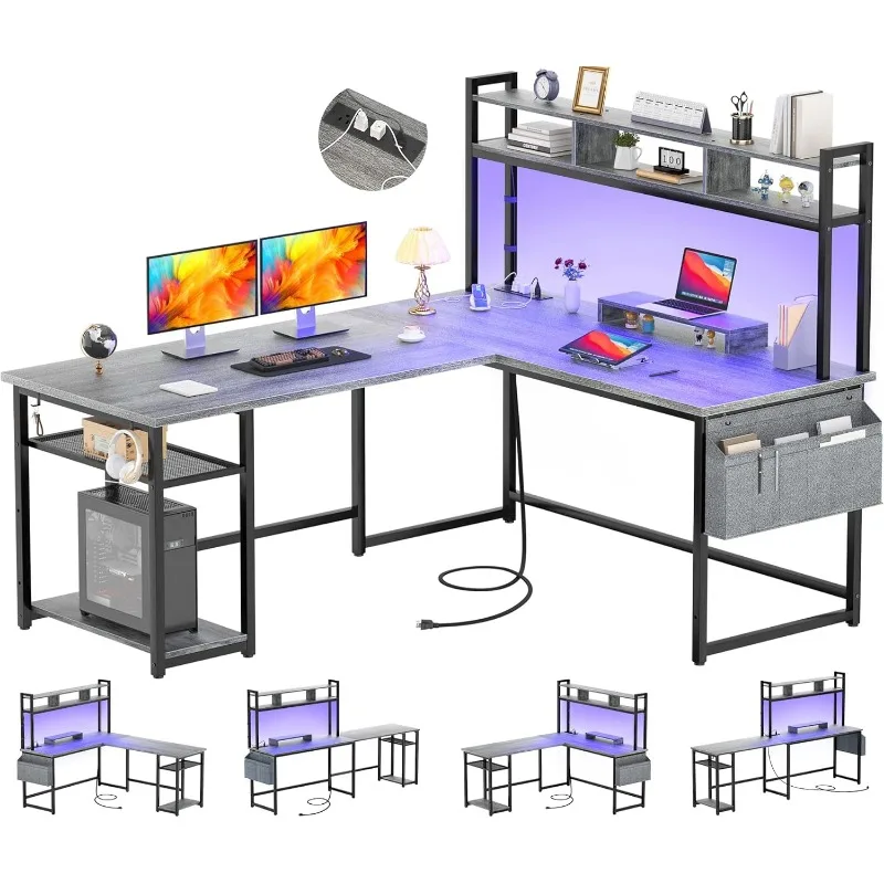 L Shaped Desk with Power Outlet & LED Strip, Reversible L-Shaped Corner Computer Desks Gaming Desk with Storage Shelf & Monitor