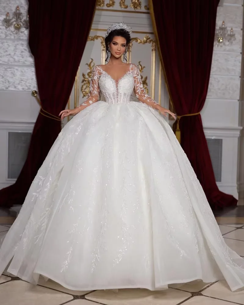 

Customized Scoop Neck Beading Long Sleeves Ball Gown Wedding Dress Gorgeous Appliques Vintage Bridal Gown Vestidos De Novia
