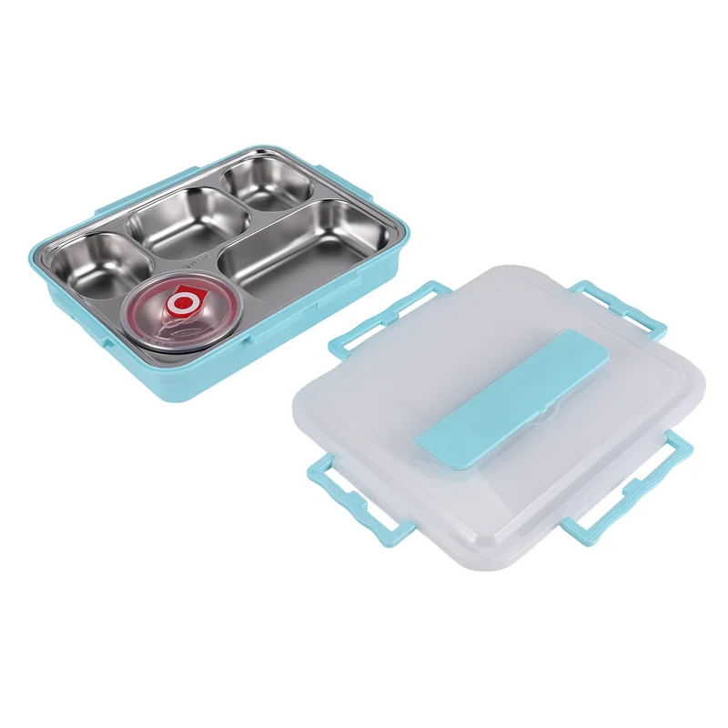 

A57X-5 Compartments Lunch Box Stainless Steel Leak-Proof Large Bento Boxes Soup Container School Dinnerware