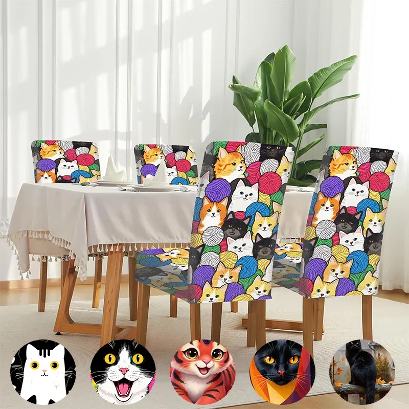 Stretch Dining Chair Cover Colorful Cat and Wool Pattern Removable, Washable, Home Dining Chair Cover