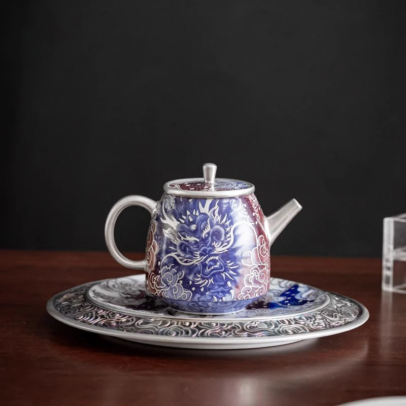 

Hand Painted Dragon Pattern Filigree Silver Teapot High Grade Household Ceramic with Filter Tea Maker Kung Fu Tea Set Single Pot