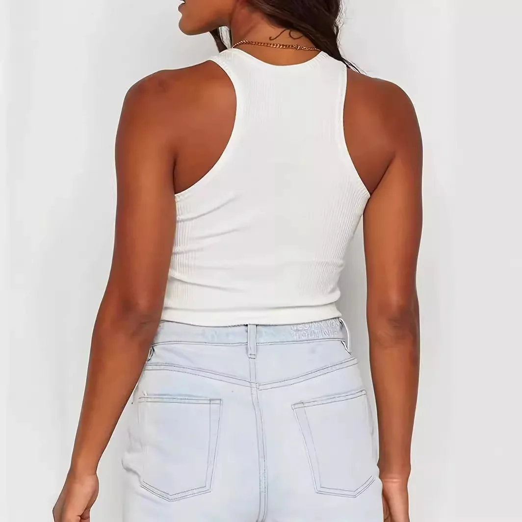 Camiseta sin mangas con espalda de nadador para mujer, Top corto elástico de punto acanalado sin mangas con cuello alto y espalda cruzada, ropa básica de verano